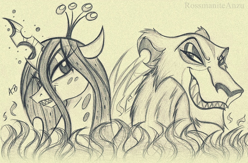 Size: 2269x1489 | Tagged: safe, artist:rossmaniteanzu, derpibooru import, queen chrysalis, big cat, changeling, changeling queen, lion, crossover, disney, female, image, jpeg, pencil drawing, sharp teeth, sketch, teeth, the lion king, traditional art, zira