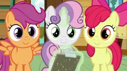 Size: 852x479 | Tagged: safe, derpibooru import, screencap, apple bloom, scootaloo, sweetie belle, earth pony, pegasus, pony, unicorn, marks and recreation, season 7, adorabloom, apple bloom's bow, bow, clipboard, clubhouse, crusaders clubhouse, cute, cutealoo, cutie mark crusaders, diasweetes, female, filly, glowing horn, hair bow, horn, image, jpeg, magic, smiling, spread wings, telekinesis, wings