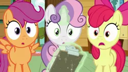 Size: 852x479 | Tagged: safe, derpibooru import, screencap, apple bloom, scootaloo, sweetie belle, earth pony, pegasus, pony, unicorn, marks and recreation, season 7, :o, adorabloom, apple bloom's bow, bow, clipboard, clubhouse, crusaders clubhouse, cute, cutealoo, cutie mark crusaders, diasweetes, female, filly, glowing horn, hair bow, horn, image, jpeg, magic, open mouth, shrunken pupils, spread wings, telekinesis, wings