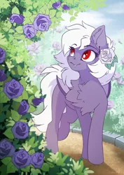 Size: 2481x3507 | Tagged: safe, artist:arctic-fox, derpibooru import, oc, unofficial characters only, bat pony, pony, bat pony oc, bat wings, cute, cute little fangs, fangs, flower, flower in hair, image, jpeg, leaves, path, smiling, solo, wings