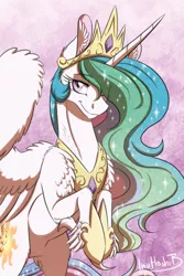 Size: 788x1182 | Tagged: safe, artist:inuhoshi-to-darkpen, derpibooru import, princess celestia, alicorn, pony, chest fluff, crown, ear fluff, hair over one eye, hoof fluff, hoof shoes, image, jewelry, png, regalia