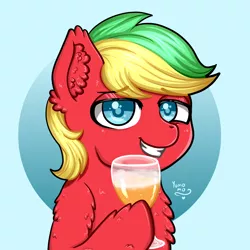 Size: 3000x3000 | Tagged: safe, artist:yumomochan, derpibooru import, fluffy pony, pony, alcohol, beer, blue eyes, bust, commission, fluffy, image, male, png, portrait, smiling, stallion, teeth, teeth grinding, two colour hair