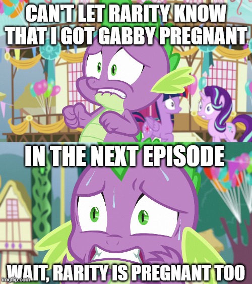 Size: 500x563 | Tagged: safe, derpibooru import, edit, edited screencap, screencap, spike, starlight glimmer, twilight sparkle, twilight sparkle (alicorn), alicorn, dragon, pony, unicorn, season 7, triple threat, balloon, caption, female, image, implied gabby, implied pregnancy, implied rarity, implied sex, implied shipping, implied spabby, implied sparity, implied straight, infidelity, jpeg, lip bite, male, mare, ponyville town hall, solo focus, sweat, teeth, text, worried