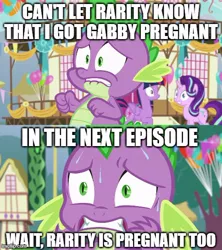 Size: 500x563 | Tagged: safe, derpibooru import, edit, edited screencap, screencap, spike, starlight glimmer, twilight sparkle, twilight sparkle (alicorn), alicorn, dragon, pony, unicorn, season 7, triple threat, balloon, caption, female, image, implied gabby, implied pregnancy, implied rarity, implied sex, implied shipping, implied spabby, implied sparity, implied straight, infidelity, jpeg, lip bite, male, mare, ponyville town hall, solo focus, sweat, teeth, text, worried