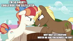 Size: 888x499 | Tagged: suggestive, derpibooru import, edit, edited screencap, screencap, coco crusoe, rainbow stars, earth pony, pony, unicorn, season 7, triple threat, angry, background pony, bipedal, caption, face to face, female, image, implied angry sex, implied public sex, implied sex, implied sex talk, jpeg, legs together, male, mare, stallion, text