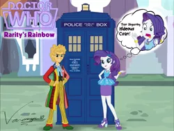 Size: 1280x960 | Tagged: safe, artist:vanossfan10, derpibooru import, doctor whooves, rarity, time turner, equestria girls, canterlot, colin baker, doctor who, female, image, jpeg, logo, male, rariwhooves, shipping, sixth doctor, straight, tardis, thought bubble