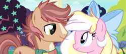 Size: 1479x640 | Tagged: safe, artist:sofk, derpibooru import, oc, oc:bay breeze, oc:pitch pine, unofficial characters only, earth pony, pegasus, pony, animated, blaze (coat marking), bow, clothes, coat markings, couple, cute, earth pony oc, facial markings, female, gif, hair bow, heart, image, male, mare, nuzzling, ocbetes, pegasus oc, pinebreeze, scarf, shipping, show accurate, stallion, straight, wings