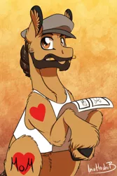 Size: 788x1182 | Tagged: safe, artist:inuhoshi-to-darkpen, derpibooru import, ponified, earth pony, pony, beard, cheek fluff, clothes, facial hair, hoof fluff, image, male, mouth hold, official comic, paper, pencil, png, stallion, tanktop, tony fleecs