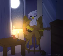 Size: 1200x1065 | Tagged: safe, artist:pearl123_art, derpibooru import, gilda, gryphon, fanfic:the lost element, candle, cup, dresser, eyes closed, fanfic art, fire, guitar, happy, image, mirror, moon, musical instrument, night, png, smiling, solo, steam, stool, table