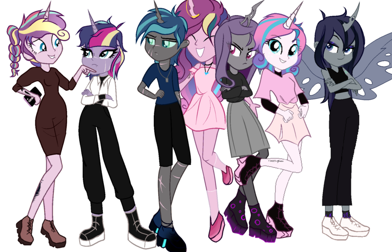 Size: 1830x1178 | Tagged: safe, artist:cookiechans2, artist:idkhesoff, artist:katnekobase, artist:selenaede, artist:stryapastylebases, artist:velveagicsentryyt, derpibooru import, princess flurry heart, princess skyla, oc, oc:espion, oc:lovebug (ice1517), oc:prince dust, oc:princess black lichen, oc:starbright sword, changepony, hybrid, icey-verse, equestria girls, alternate hairstyle, base used, boots, brother and sister, brothers, choker, clothes, crossdressing, equestria girls-ified, eyes closed, eyeshadow, female, flats, grin, horn, horn jewelry, horn ring, image, interspecies offspring, jeans, jewelry, magical lesbian spawn, makeup, male, midriff, mobile phone, multicolored hair, necklace, offspring, pants, parent:princess cadance, parent:queen chrysalis, parent:shining armor, parents:cadalis, parents:shining chrysalis, parents:shiningcadance, phone, png, ponied up, ring, scar, shirt, shoes, siblings, simple background, sisters, skirt, smartphone, smiling, sneakers, socks, stockings, sweater, t-shirt, tanktop, tattoo, thigh highs, trans female, transgender, transparent background, wall of tags, wings