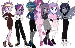 Size: 1830x1178 | Tagged: safe, artist:cookiechans2, artist:idkhesoff, artist:katnekobase, artist:selenaede, artist:stryapastylebases, artist:velveagicsentryyt, derpibooru import, princess flurry heart, princess skyla, oc, oc:espion, oc:lovebug (ice1517), oc:prince dust, oc:princess black lichen, oc:starbright sword, changepony, hybrid, icey-verse, equestria girls, alternate hairstyle, base used, boots, brother and sister, brothers, choker, clothes, crossdressing, equestria girls-ified, eyes closed, eyeshadow, female, flats, grin, horn, horn jewelry, horn ring, image, interspecies offspring, jeans, jewelry, magical lesbian spawn, makeup, male, midriff, mobile phone, multicolored hair, necklace, offspring, pants, parent:princess cadance, parent:queen chrysalis, parent:shining armor, parents:cadalis, parents:shining chrysalis, parents:shiningcadance, phone, png, ponied up, ring, scar, shirt, shoes, siblings, simple background, sisters, skirt, smartphone, smiling, sneakers, socks, stockings, sweater, t-shirt, tanktop, tattoo, thigh highs, trans female, transgender, transparent background, wall of tags, wings