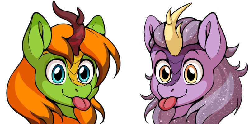 Size: 1024x512 | Tagged: safe, artist:pony straponi, derpibooru import, kirin oc, oc, oc:arc pyre, oc:nebula eclipse, unofficial characters only, kirin, :p, commission, emotes, image, png, simple background, tongue out, transparent background