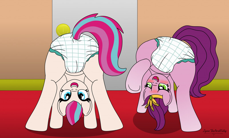 Size: 1280x771 | Tagged: questionable, artist:lynnthenerdkitty, derpibooru import, pipp petals, zipp storm, blushing, butt, diaper, diaper fetish, duo, fetish, from behind, g5, image, jpeg, looking back, looking between legs, open mouth, open smile, raised hoof, raised leg, raised tail, smiling, tail, underhoof, upside down