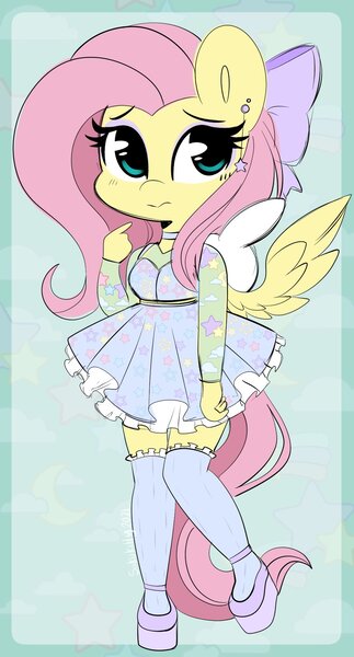 Size: 1014x1882 | Tagged: safe, artist:sakukitty, derpibooru import, fluttershy, anthro, plantigrade anthro, bow, choker, clothes, cute, dress, ear piercing, earring, eyeshadow, female, hair bow, high heels, image, jewelry, jpeg, makeup, piercing, platform heels, shoes, shyabetes, socks, solo, stockings, thigh highs