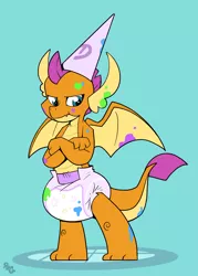 Size: 2990x4181 | Tagged: suggestive, artist:cuddlehooves, derpibooru import, smolder, dragon, diaper, diaper fetish, dunce hat, fetish, hat, image, jpeg, non-baby in diaper, paint, punishment, time out