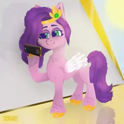 Size: 1000x1000 | Tagged: safe, artist:tierwidy, derpibooru import, pipp petals, pegasus, pony, colored, female, g5, image, jpeg, light skin, mare, next generation, phone, smiling, solo, standing