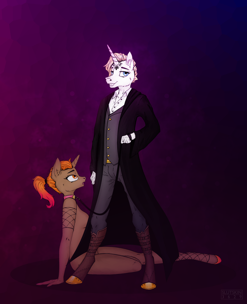 Size: 1638x2020 | Tagged: questionable, derpibooru import, oc, oc:dominar rex, anthro, unicorn, anthro oc, blue eyes, brown fur, clothed male nude female, clothes, collar, dark background, dominant, domination, ear fluff, female, fishnets, image, leash, male, mantle, nude female, nudity, open mouth, orange eyes, pet play, png, ponytail, random pony, redhead, rich, simple background, sitting, sitting on floor, slave, slut, submissive, tattoo, white fur