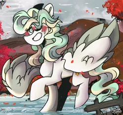 Size: 3000x2800 | Tagged: safe, artist:its_sunsetdraws, derpibooru import, vapor trail, pegasus, pony, autumn, blushing, cheek fluff, cloud, cloudy, cloudy sky, digital art, falling leaves, fanart, image, leaves, looking at you, overcast, png, river, smiling, smiling at you, solo, spread wings, tree, wings