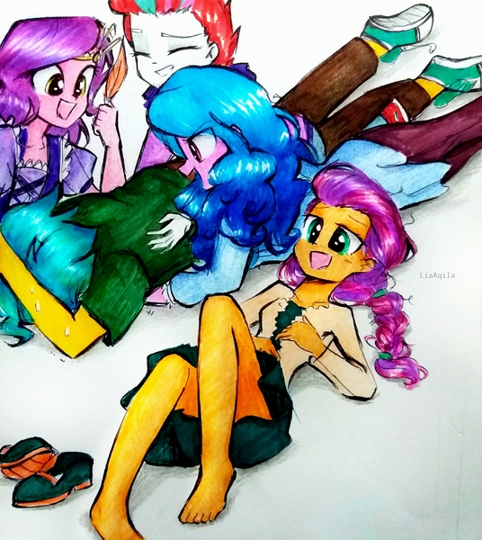 Size: 2601x2913 | Tagged: safe, artist:liaaqila, derpibooru import, hitch trailblazer, izzy moonbow, pipp petals, sunny starscout, zipp storm, equestria girls, barefoot, clothes, commission, converse, equestria girls-ified, exhausted, eyes closed, feet, female, fetish, foot fetish, g5, g5 to equestria girls, grin, image, jeans, jpeg, male, mane five (g5), open mouth, pants, shirt, shoes, siblings, simple background, sisters, skirt, smiling, sweat, t-shirt, tickle torture, tickling, traditional art, white background