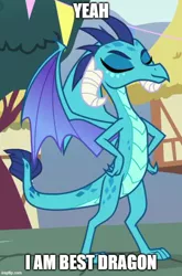 Size: 500x757 | Tagged: safe, derpibooru import, screencap, princess ember, dragon, season 7, triple threat, best dragon, cropped, dragoness, eyes closed, female, gloating, hand on hip, image, jpeg, proud, smiling, solo