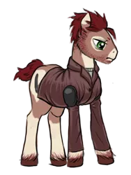 Size: 768x1024 | Tagged: safe, artist:multiverseequine, derpibooru import, oc, oc:switchblade, unofficial characters only, earth pony, pony, bottomless, clothes, derpibooru exclusive, earth pony oc, frown, image, jacket, looking down, male, partial nudity, png, short hair, shoulder pads, simple background, solo, transparent background, unshorn fetlocks