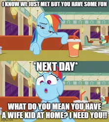 Size: 500x562 | Tagged: safe, derpibooru import, edit, edited screencap, screencap, honey curls, mare e. lynn, rainbow dash, earth pony, pegasus, pony, season 6, the saddle row review, caption, female, image, implied sex, infidelity, jpeg, mare, open mouth, rainbow dash is best facemaker, smug, solo focus, text