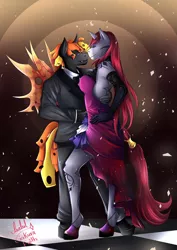 Size: 1961x2773 | Tagged: safe, artist:sakurafaith, derpibooru import, oc, oc:fire heart/passion blaze, oc:selune darkeye, unofficial characters only, anthro, changeling, unguligrade anthro, unicorn, beautiful, bobble, body markings, bowtie, clothes, commission, confident, cute, dress, gloves, handsome, horn, image, jewelry, jpeg, looking at each other, loving gaze, necklace, oc x oc, orange changeling, redhead, sexy, shipping, signature, slow dancing, suit, wings