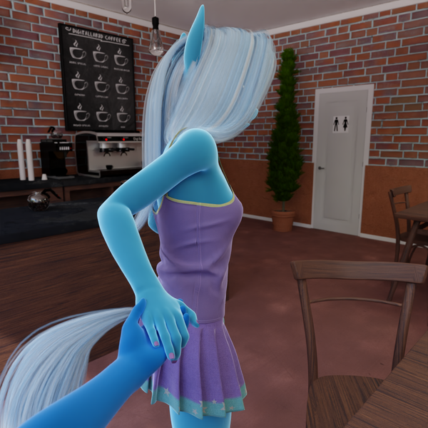 Size: 1080x1080 | Tagged: safe, artist:stellarator, derpibooru import, trixie, oc, oc:smoothie, anthro, unguligrade anthro, comic:we will be adored, comic:we will be adored part 18, 3d, blender, comic, cycles, image, male, male pov, not sfm, offscreen character, offscreen male, png, pov