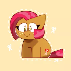 Size: 650x650 | Tagged: safe, artist:cookiiecats, derpibooru import, babs seed, earth pony, pony, adorababs, cute, cutie mark, female, filly, image, orange background, png, scissors, simple background, sitting, solo