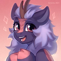 Size: 700x700 | Tagged: safe, artist:fenwaru, derpibooru import, kirin oc, oc, oc:night glow, unofficial characters only, kirin, abstract background, bust, cloven hooves, commission, cute, gradient background, gradient eyes, happy, image, looking at you, open mouth, open smile, png, portrait, purple mane, smiling, smiling at you, ych result