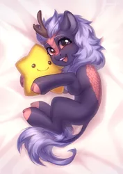 Size: 700x989 | Tagged: safe, artist:fenwaru, derpibooru import, kirin oc, oc, oc:night glow, kirin, bed, bed sheets, commission, curled up, cute, gradient eyes, happy, horn, hugging a pillow, image, laying on bed, lying down, on bed, png, smiling, stars, tail, ych result