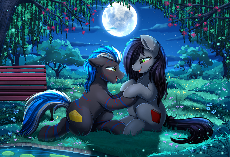 Size: 3814x2598 | Tagged: safe, artist:pridark, derpibooru import, oc, unofficial characters only, pony, bench, cloud, commission, cutie mark, duo, female, full moon, high res, image, lake, male, marriage proposal, moon, open mouth, png, scenery, scenery porn, sitting, sky, tree