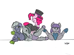 Size: 4098x3072 | Tagged: safe, artist:datzigga, derpibooru import, limestone pie, marble pie, maud pie, pinkie pie, earth pony, pony, female, fishnets, image, pie sisters, png, showgirl, showgirl outfit, siblings, sisters