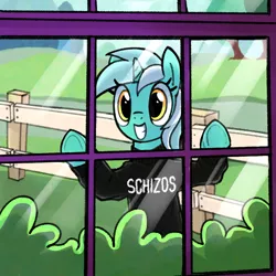 Size: 1000x1000 | Tagged: safe, lyra heartstrings, pony, unicorn, clothes, female, fence, image, looking through the window, mare, png, schizophrenia, schizos, sickos, sickos meme, smiling, solo, tree, window