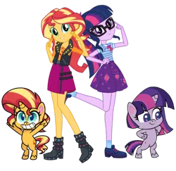 Size: 1641x1594 | Tagged: artist needed, safe, artist:laszlvfx, artist:orin331, derpibooru import, sci-twi, sunset shimmer, twilight sparkle, pony, unicorn, equestria girls, equestria girls series, my little pony: pony life, pinkie pie: hyper-helper, spoiler:pony life s01e06, bean mouth, bipedal, clothes, glasses, grin, hooves in air, image, png, simple background, smiling, transparent background, unicorn twilight