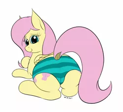 Size: 1544x1415 | Tagged: suggestive, artist:wapamario63, derpibooru import, fluttershy, pegasus, pony, both cutie marks, butt, clothes, cute, dock, female, flutterbutt, image, jpeg, looking at you, looking back, looking back at you, lying down, mare, panties, plot, simple background, smiling, solo, striped underwear, transparent background, underwear, wings