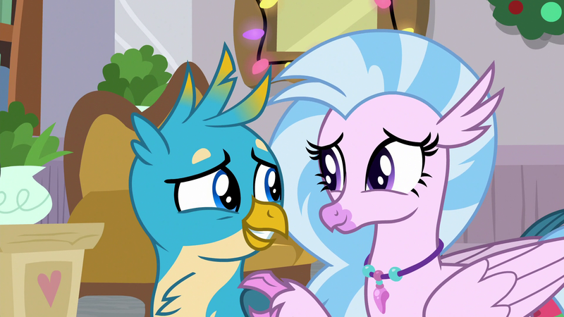 Size: 1920x1080 | Tagged: safe, derpibooru import, screencap, gallus, silverstream, classical hippogriff, gryphon, hippogriff, the hearth's warming club, cute, daaaaaaaaaaaw, diastreamies, female, gallabetes, heartwarming, image, looking at each other, male, png, raised claw, shipping fuel, smiling, sweet dreams fuel, touching