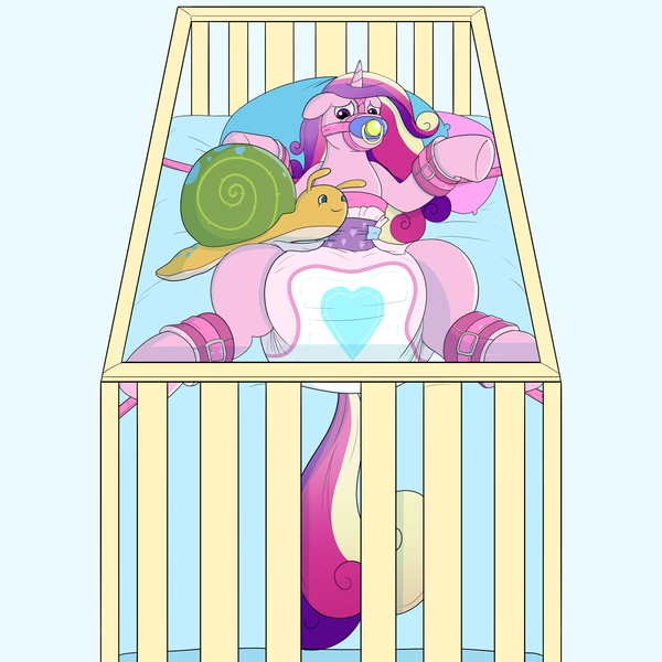 Size: 3000x3000 | Tagged: questionable, artist:burritokitten, derpibooru import, princess cadance, whammy, alicorn, bondage, crib, cuffs, diaper, diaper fetish, diaper slave, female, fetish, gag, image, non-baby in diaper, pacifier, pacifier gag, pillow, png, solo, solo female, submissive