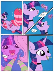 Size: 900x1200 | Tagged: suggestive, artist:smallhorses, derpibooru import, fluttershy, twilight sparkle, alicorn, pegasus, pony, bow, choker, clothes, comic, commission, female, fetish, giantess, image, imminent vore, jpeg, macro, maw, mawshot, micro, open mouth, safe vore, size difference, socks, soft vore, tiny, vore