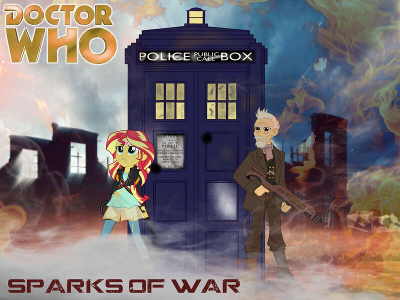 Size: 1280x960 | Tagged: safe, artist:edcom02, artist:vanossfan10, derpibooru import, doctor whooves, sunset shimmer, time turner, equestria girls, battlefield, doctor who, fire, gun, image, john hurt, jpeg, logo, smoke, tardis, title card, war doctor, weapon