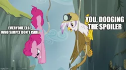 Size: 888x499 | Tagged: safe, derpibooru import, edit, edited screencap, screencap, gilda, pinkie pie, earth pony, gryphon, pony, season 5, the lost treasure of griffonstone, caption, claws, diving, duo, female, headlamp, helmet, image, jpeg, mare, mining helmet, text