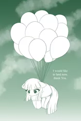 Size: 1600x2400 | Tagged: safe, artist:symbianl, derpibooru import, maud pie, pinkie pie, earth pony, pony, adorable distress, balloon, cute, dialogue, ear fluff, female, floating, floppy ears, hoof fluff, image, jpeg, lineart, looking down, mare, maudabetes, monochrome, solo, then watch her balloons lift her up to the sky
