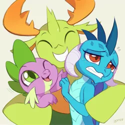 Size: 3000x3000 | Tagged: safe, artist:drtuo4, derpibooru import, princess ember, spike, thorax, changedling, changeling, dragon, cute, dragoness, emberbetes, eyes closed, female, hug, image, jpeg, king thorax, open mouth, simple background, smiling, spikabetes, thorabetes, white background