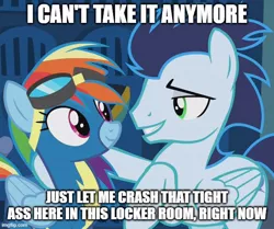 Size: 598x500 | Tagged: suggestive, derpibooru import, edit, edited screencap, screencap, rainbow dash, soarin', pegasus, pony, grannies gone wild, bedroom eyes, caption, clothes, cropped, eye contact, female, goggles, image, imminent anal sex, imminent sex, implied public sex, implied sex, jpeg, looking at each other, male, mare, raised hoof, shipping, shipping fuel, smiling, soarindash, stallion, straight, text, uniform, wonderbolts uniform