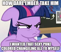 Size: 582x499 | Tagged: safe, derpibooru import, edit, edited screencap, screencap, twilight sparkle, twilight sparkle (alicorn), alicorn, pony, sparkle's seven, angry, caption, chalkboard, cropped, cute, female, floppy ears, friendship throne, grumpy, grumpy twilight, image, implied ember, implied embrax, implied thorax, jealous, jpeg, madorable, mare, pouting, sitting, slouching, solo, text, this will end in pain, this will end in tears, this will end in war, throne, twiabetes