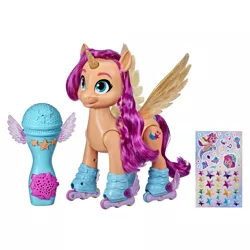 Size: 4845x4845 | Tagged: safe, derpibooru import, official, sunny starscout, alicorn, earth pony, pony, my little pony: a new generation, spoiler:my little pony: a new generation, female, g5, image, jpeg, mare, merchandise, microphone, roller skates, simple background, solo, sticker, sunnycorn, toy, white background