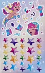 Size: 905x1479 | Tagged: safe, derpibooru import, sunny starscout, alicorn, earth pony, pony, my little pony: a new generation, spoiler:my little pony: a new generation, cropped, female, g5, image, jpeg, mare, merchandise, microphone, roller skates, simple background, sticker, sticker set, sunnycorn, toy, white background