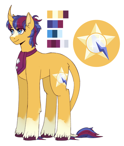 Size: 2219x2604 | Tagged: safe, artist:hahyh, derpibooru import, oc, oc:beaming sun, classical unicorn, pony, unicorn, cloven hooves, coat markings, curved horn, horn, image, leonine tail, magical gay spawn, offspring, parent:flash sentry, parent:sunburst, parents:flashburst, png, reference sheet, simple background, socks (coat marking), solo, unshorn fetlocks, white background