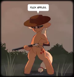 Size: 1442x1496 | Tagged: safe, artist:shepardinthesky, derpibooru import, applejack, bipedal, dialogue, gun, hat, henry big boy, image, lever action rifle, png, solo, vulgar, weapon, yellow boy