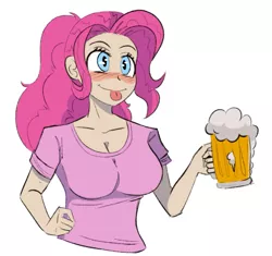 Size: 719x676 | Tagged: safe, artist:exvius, derpibooru import, pinkie pie, human, alcohol, beer, beer mug, breasts, busty pinkie pie, clothes, humanized, image, intoxicated, png, shirt, solo, sticking tongue out, t-shirt